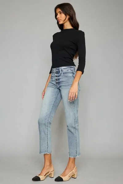 Kancan High Waist Button Fly Raw Hem Cropped Straight Jeans (Online Only)