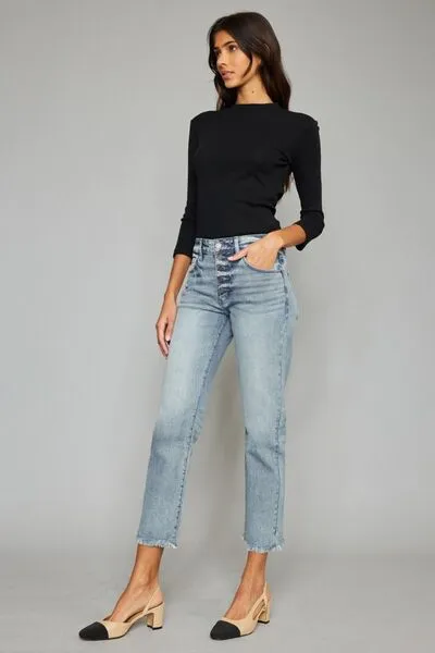 Kancan High Waist Button Fly Raw Hem Cropped Straight Jeans (Online Only)