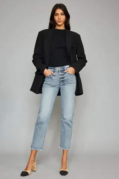 Kancan High Waist Button Fly Raw Hem Cropped Straight Jeans (Online Only)