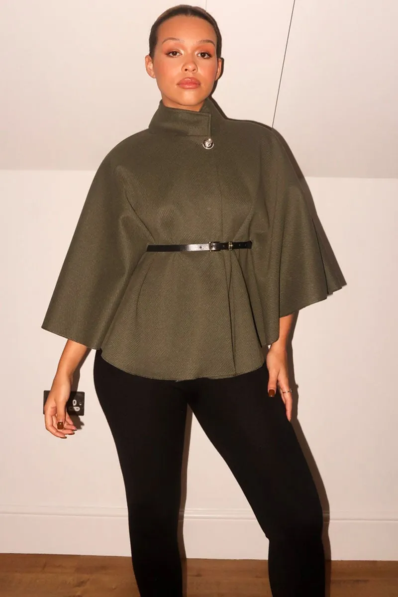 KHAKI BELTED CAPE COAT