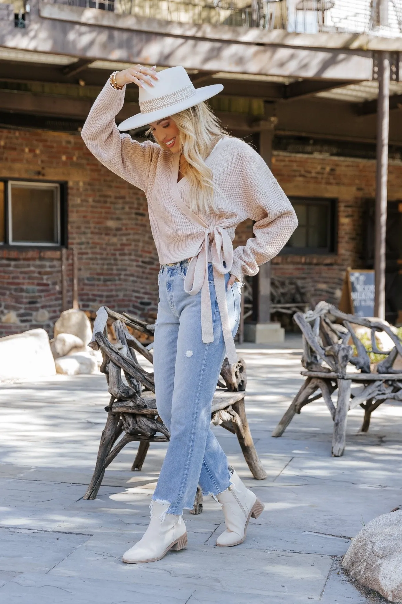 Light Tan Belted Wrap Sweater Cardigan