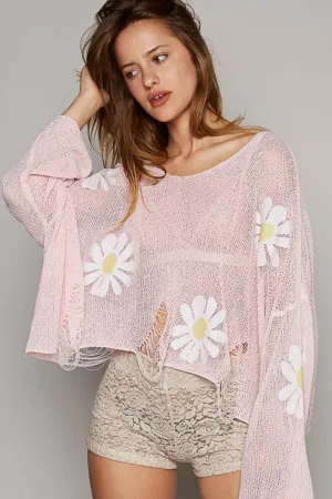 Long Sleeve Distressed Flower Patches Knit Top