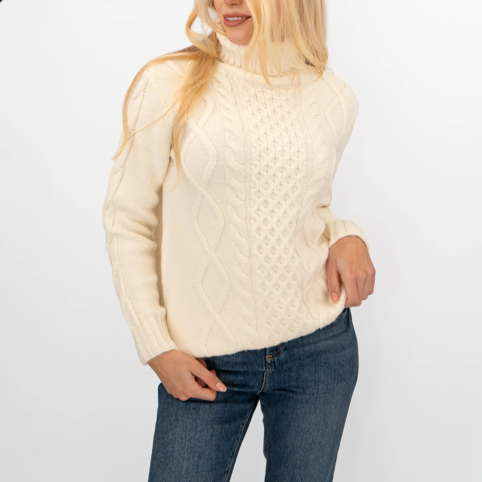 M&S Womens Ivory Cable Knit Roll Neck Longline Jumper