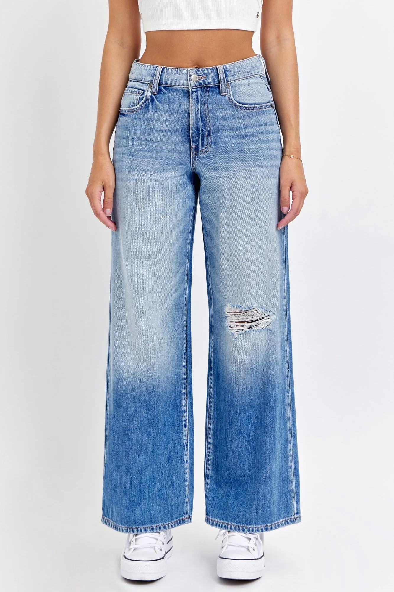 Medium Light Wash Destroyed Wide Leg Jeans