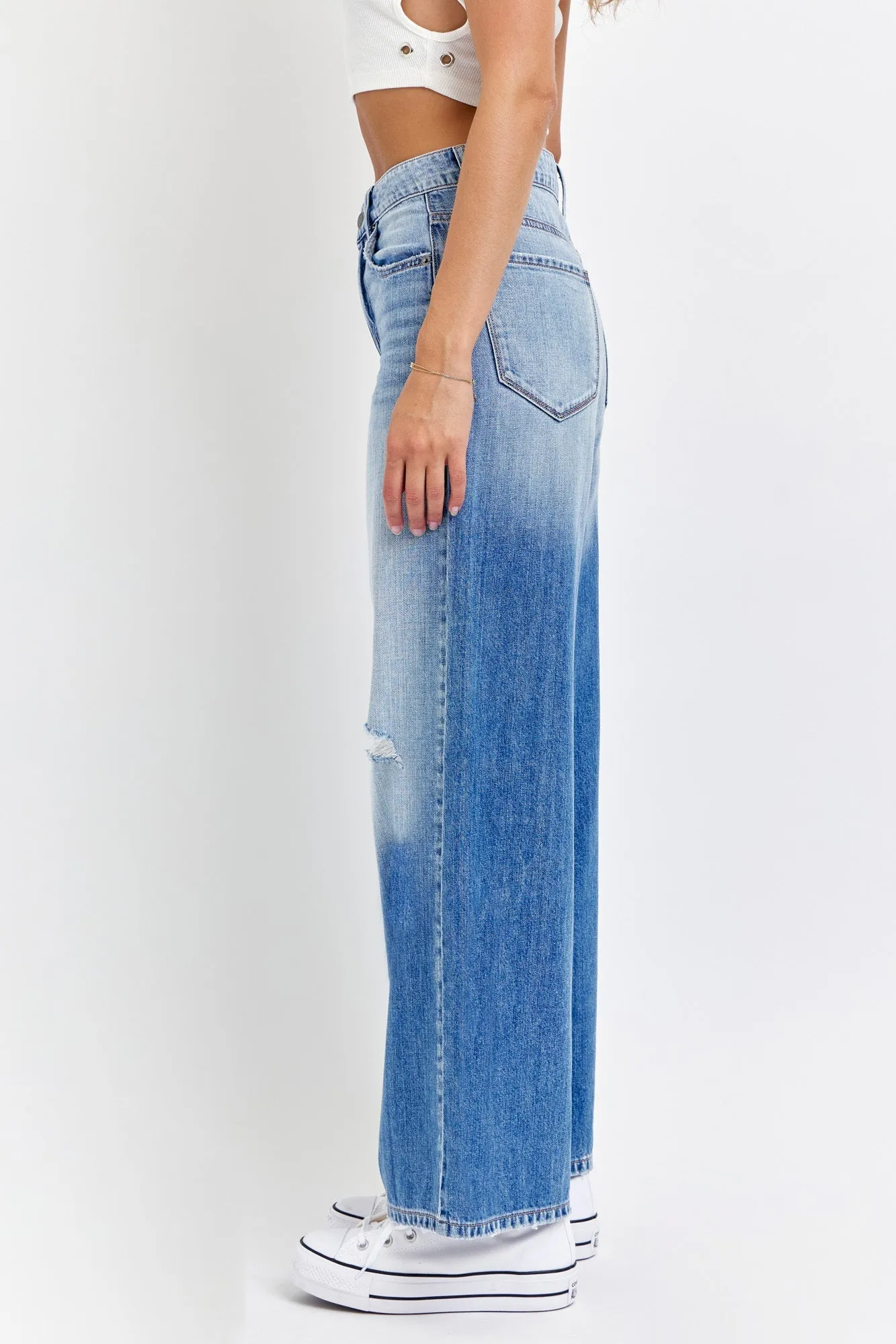 Medium Light Wash Destroyed Wide Leg Jeans