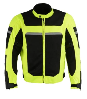 Milwaukee Leather MPM1794 High Vis Green Armored Mesh Racer Jacket with Reflective Piping for Men - All Season Jacket