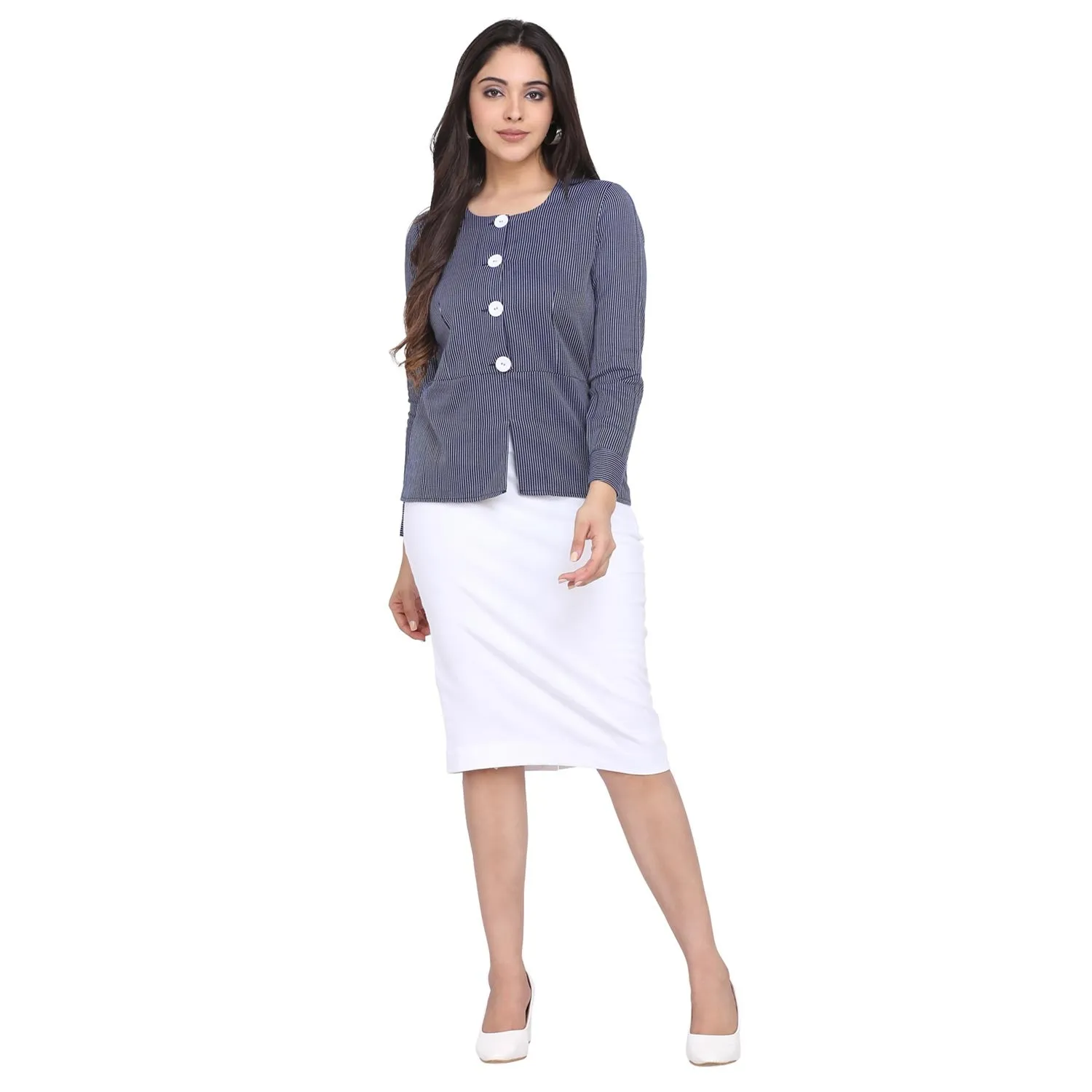 Navy Blue With White Stripes Cotton Women's Top- PowerSutra