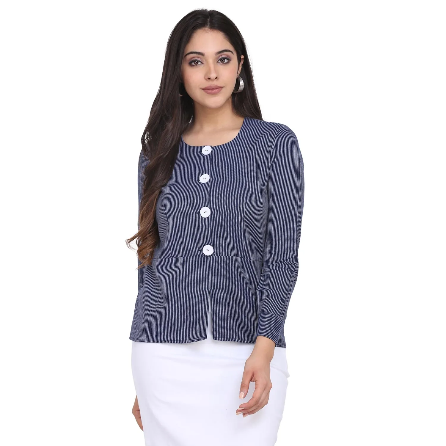 Navy Blue With White Stripes Cotton Women's Top- PowerSutra