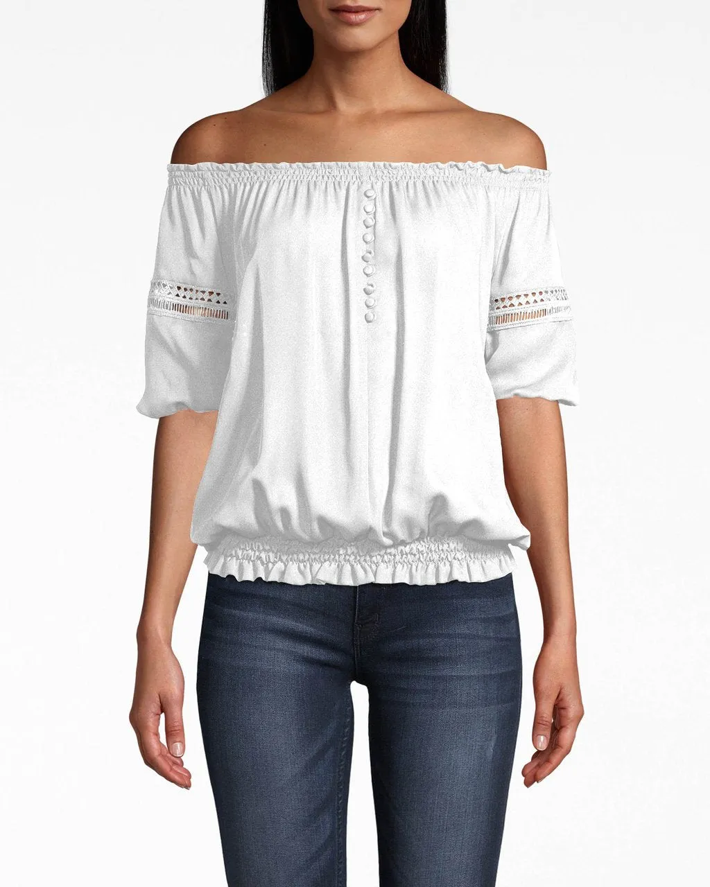 OFF THE SHOULDER LACE TRIM SMOCKED TOP in IVORY