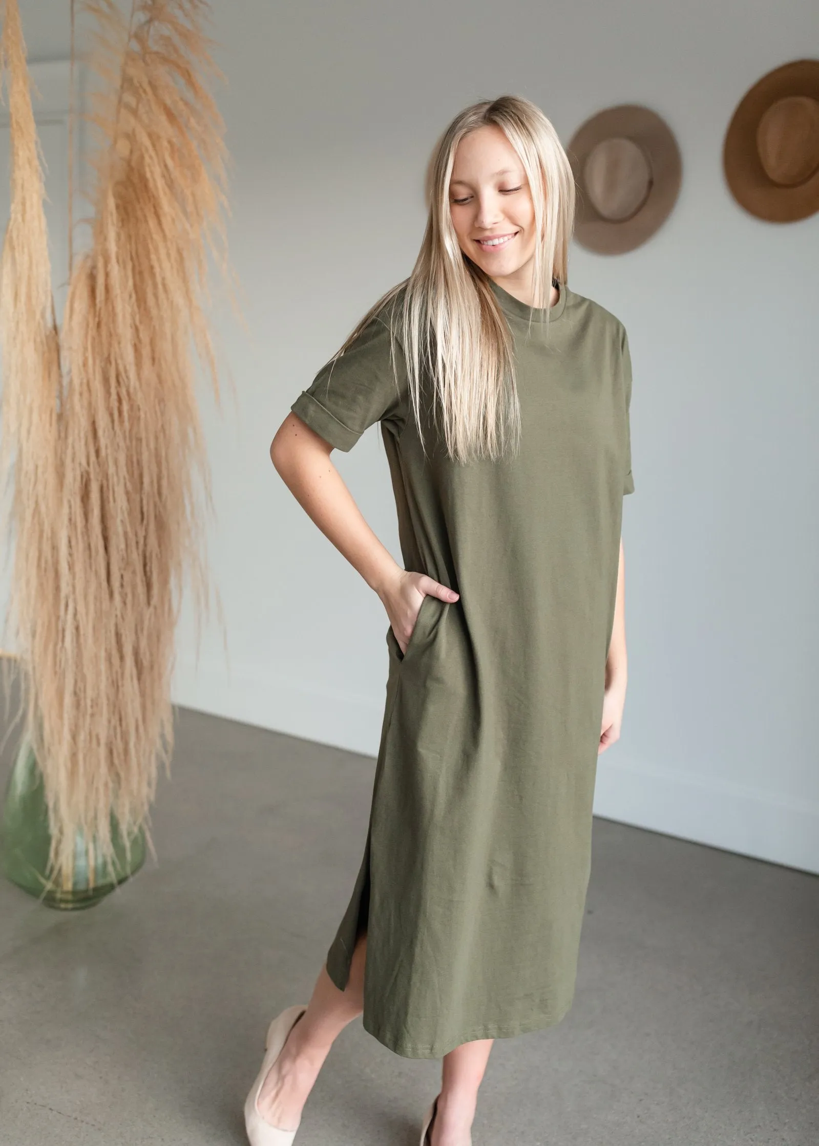 Olive Cotton Relaxed Fit Shift Dress - FINAL SALE