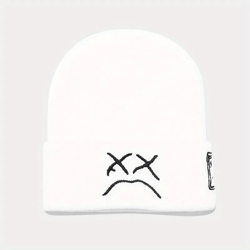 Sad Expression LIL PEEP Embroidered Cold Hat Men's Warm Knitted Hat Women's Cool Trendy Hooded Hat