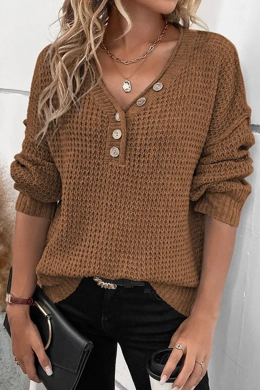 Shirt- Pointelle Knit Button V Neck Drop Shoulder Sweater