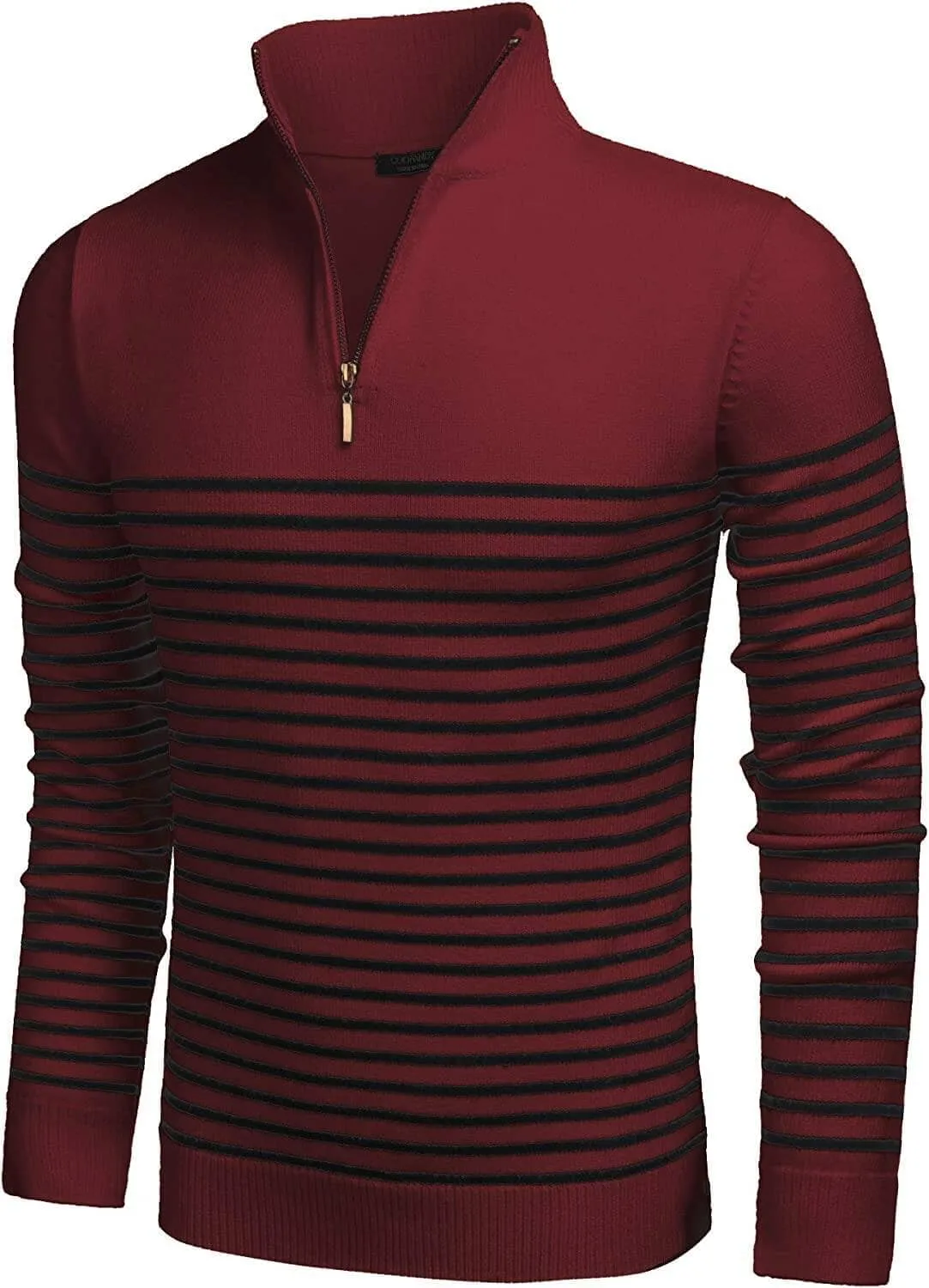 Striped Zip Up Mock Neck Pullover Sweaters (US Only)