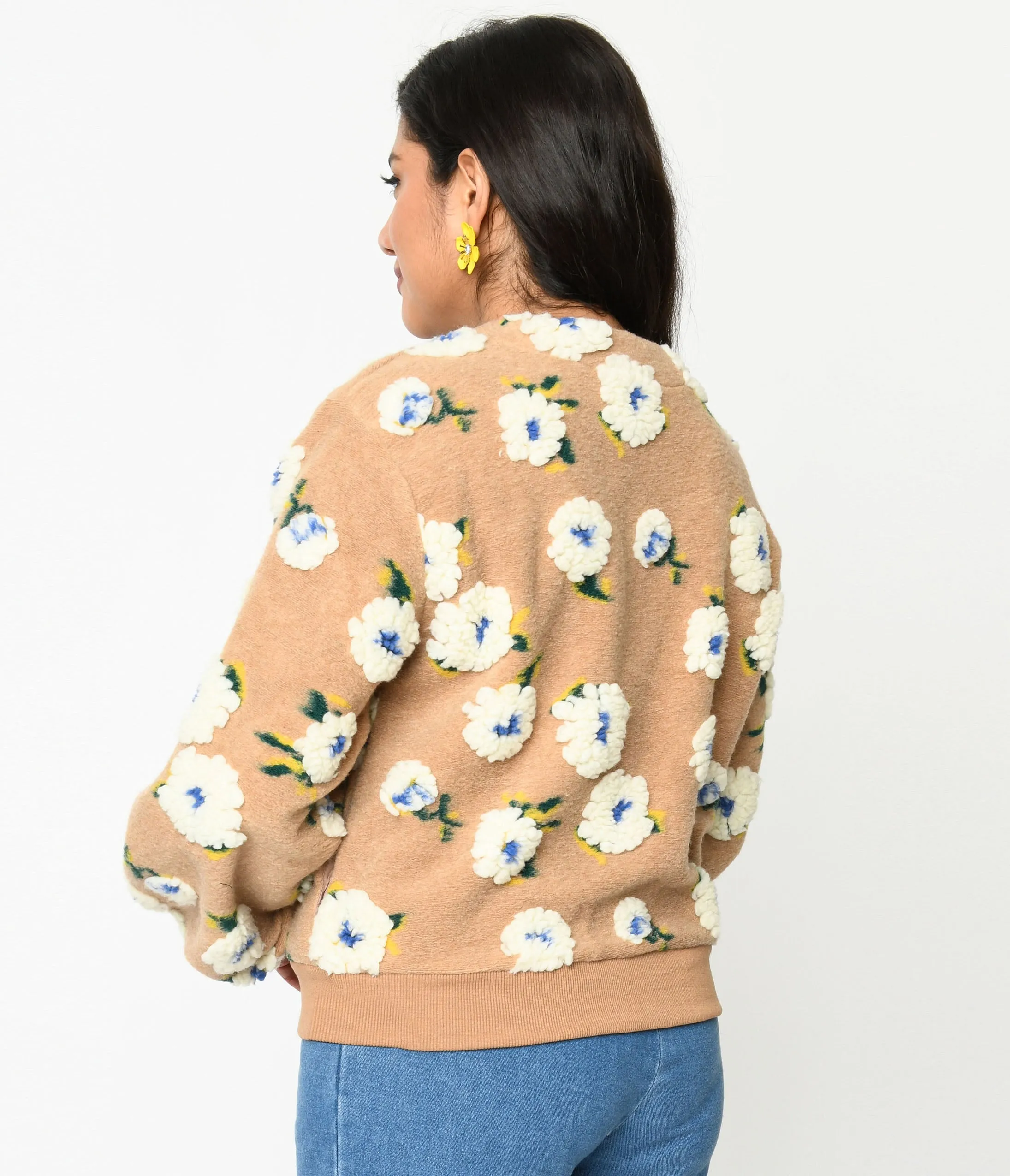 Tan & 3D White Floral Cardigan