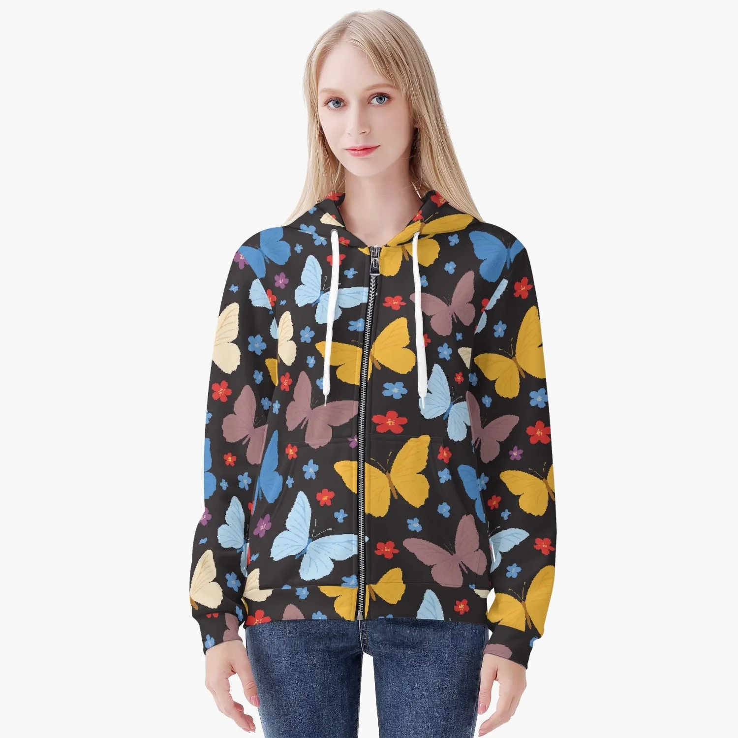 Veste à capuche zippée AOP pour femme "Noir, Papillons multicolores" (221)