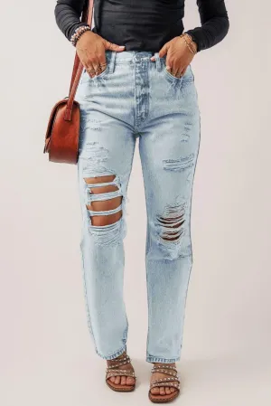 Vintage Distressed Acid Wash Blue Straight Leg Jeans