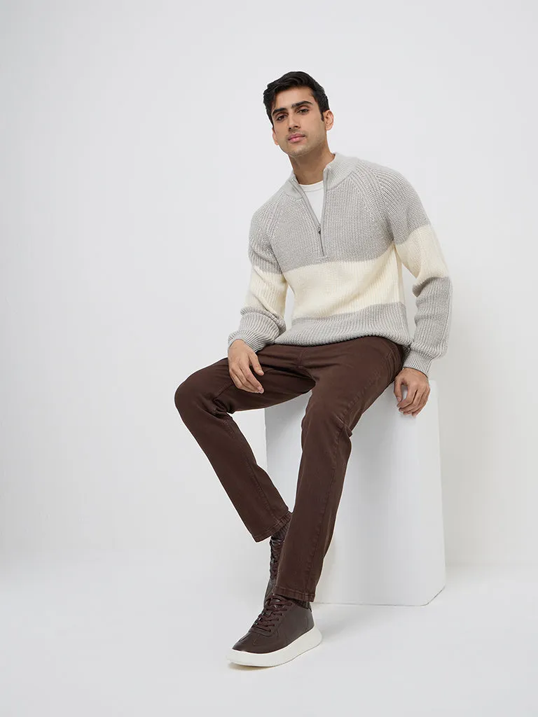 WES Casuals Light Grey Colour-Blocked Slim-Fit Sweater