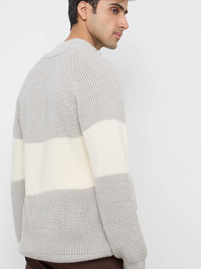 WES Casuals Light Grey Colour-Blocked Slim-Fit Sweater