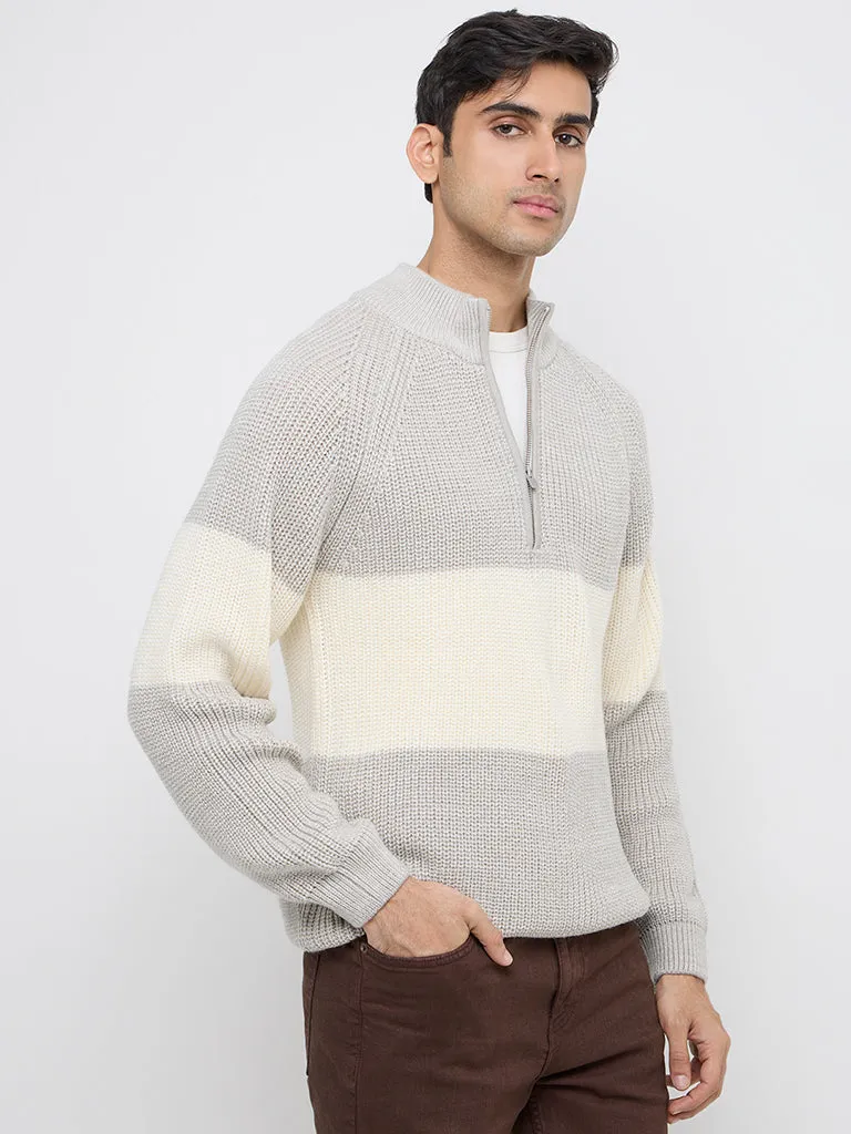 WES Casuals Light Grey Colour-Blocked Slim-Fit Sweater