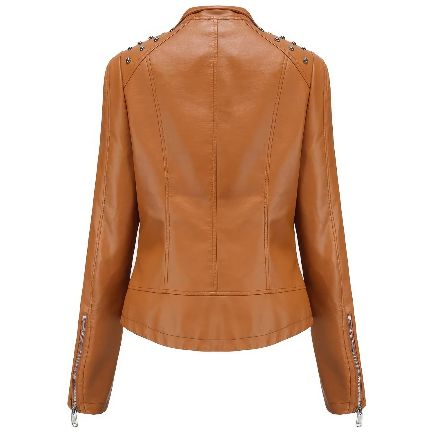 Women’s Camel Brown Biker Genuine Sheepskin Studded Shoulders Fashionable Motorcycle Rivet Crossover Asymmetric Slim Fit Leather Jacket