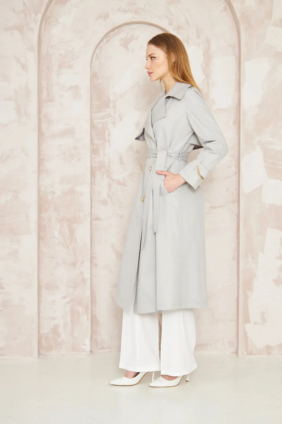 Women's Gold Button Chain Long Trench Coat Gray - SCB-W12389