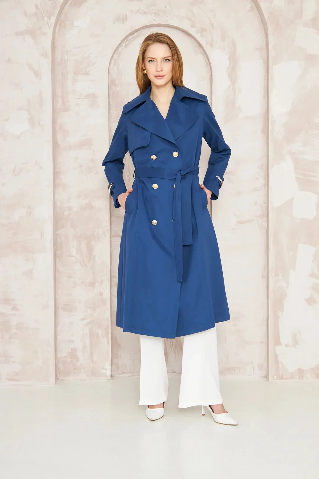 Women's Gold Button Chain Long Trench Coat Indigo - SCB-W12385