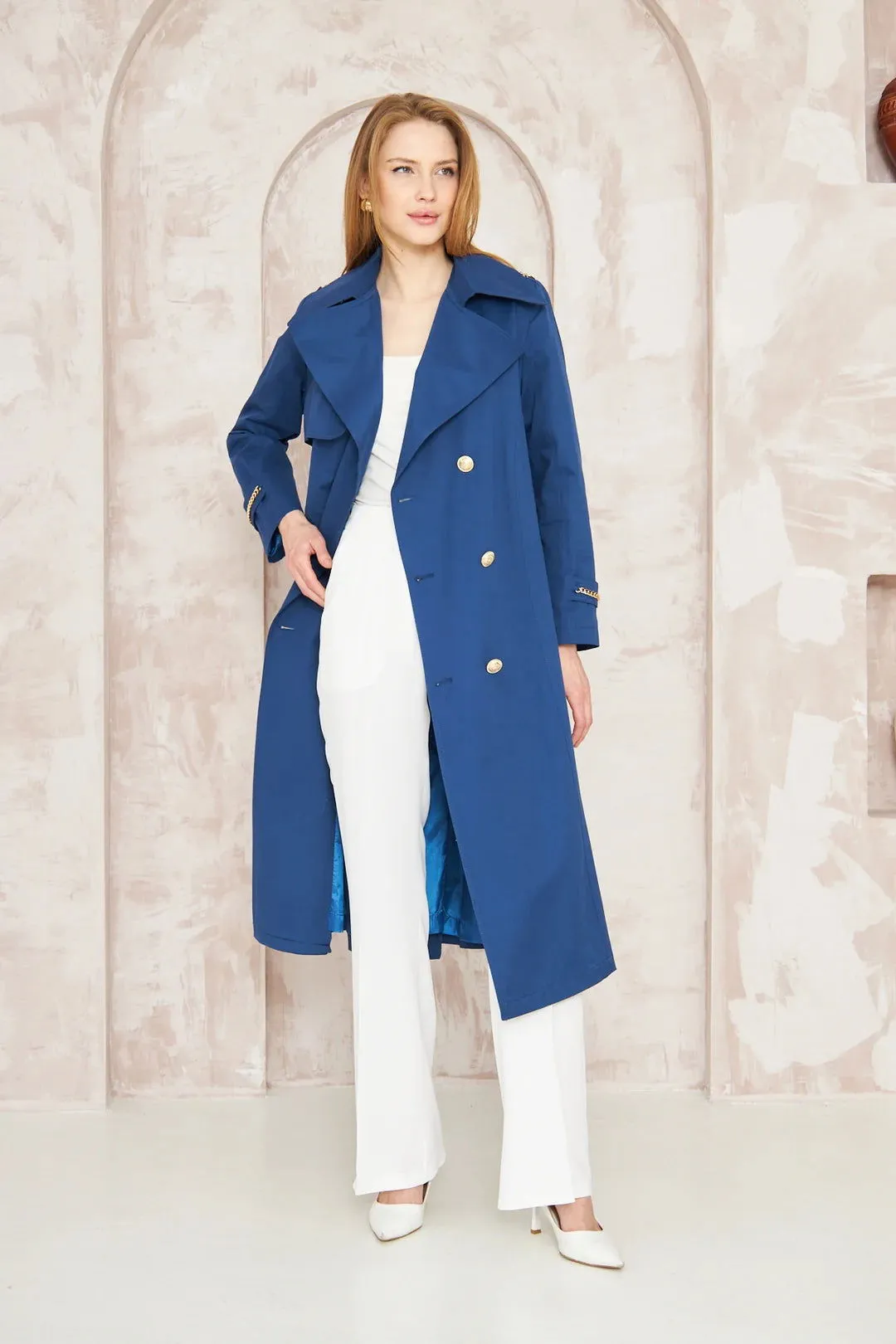 Women's Gold Button Chain Long Trench Coat Indigo - SCB-W12385