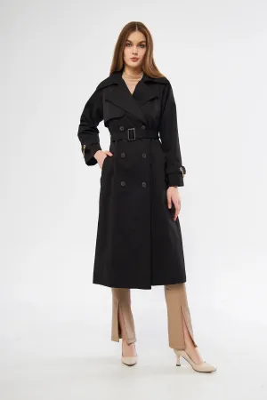 Women's Long Trench Coat with Chain Detail - Black - SCB-W12389