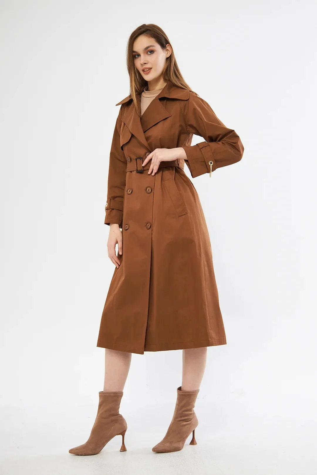 Women's Long Trench Coat with Chain Detail - Brown - SCB-W12386