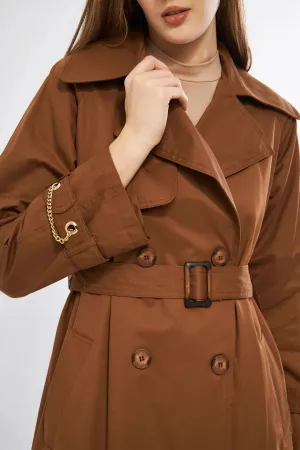 Women's Long Trench Coat with Chain Detail - Brown - SCB-W12386