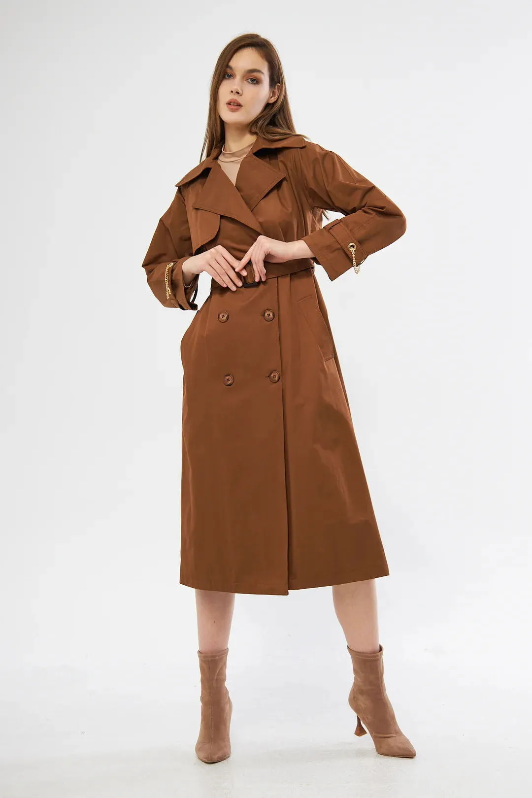 Women's Long Trench Coat with Chain Detail - Brown - SCB-W12386