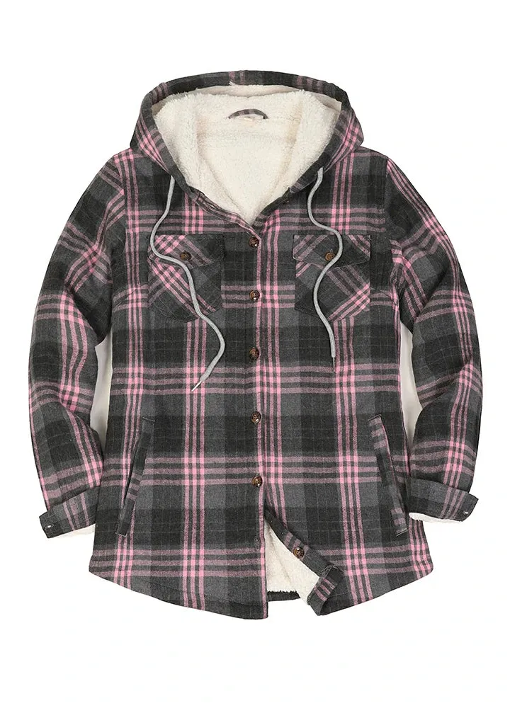 Women's Sherpa Lined Flannel Jacket with Hood, Button Up Plaid