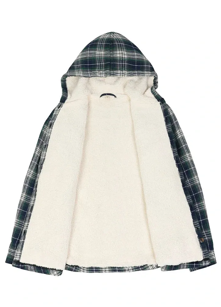 Women's Sherpa Lined Flannel Jacket with Hood, Button Up Plaid