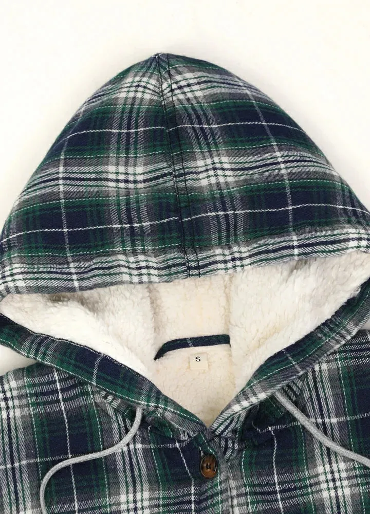 Women's Sherpa Lined Flannel Jacket with Hood, Button Up Plaid