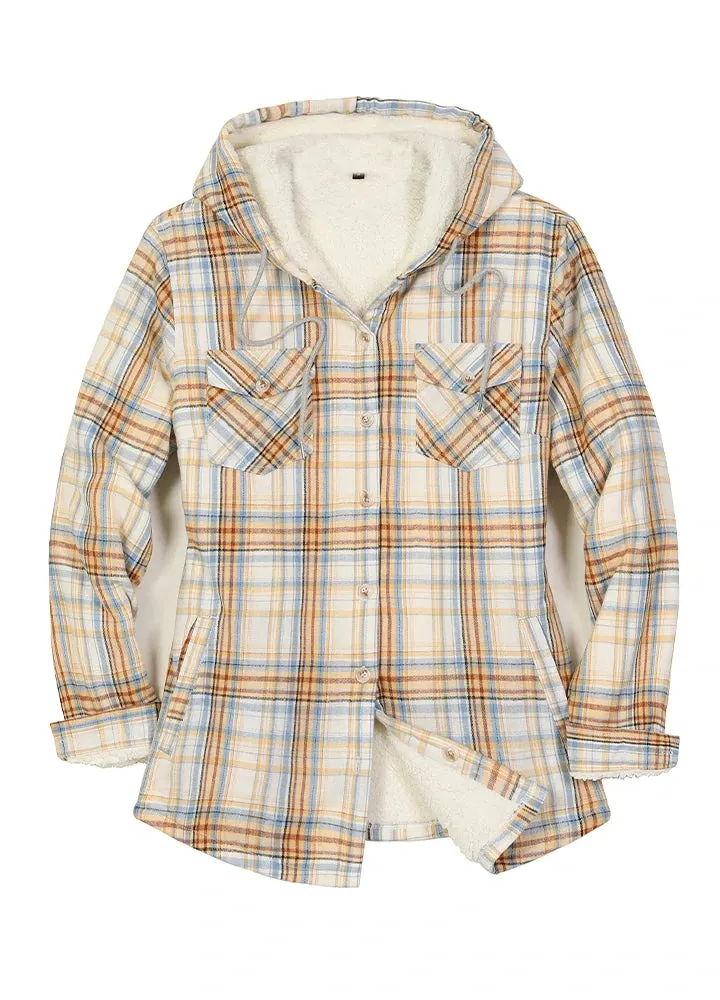 Women's Sherpa Lined Flannel Jacket with Hood, Button Up Plaid