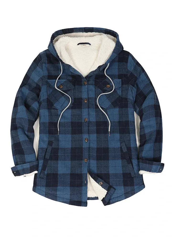 Women's Sherpa Lined Flannel Jacket with Hood, Button Up Plaid