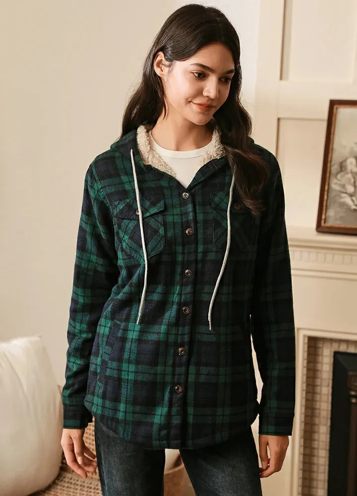 Women's Sherpa Lined Flannel Jacket with Hood, Button Up Plaid