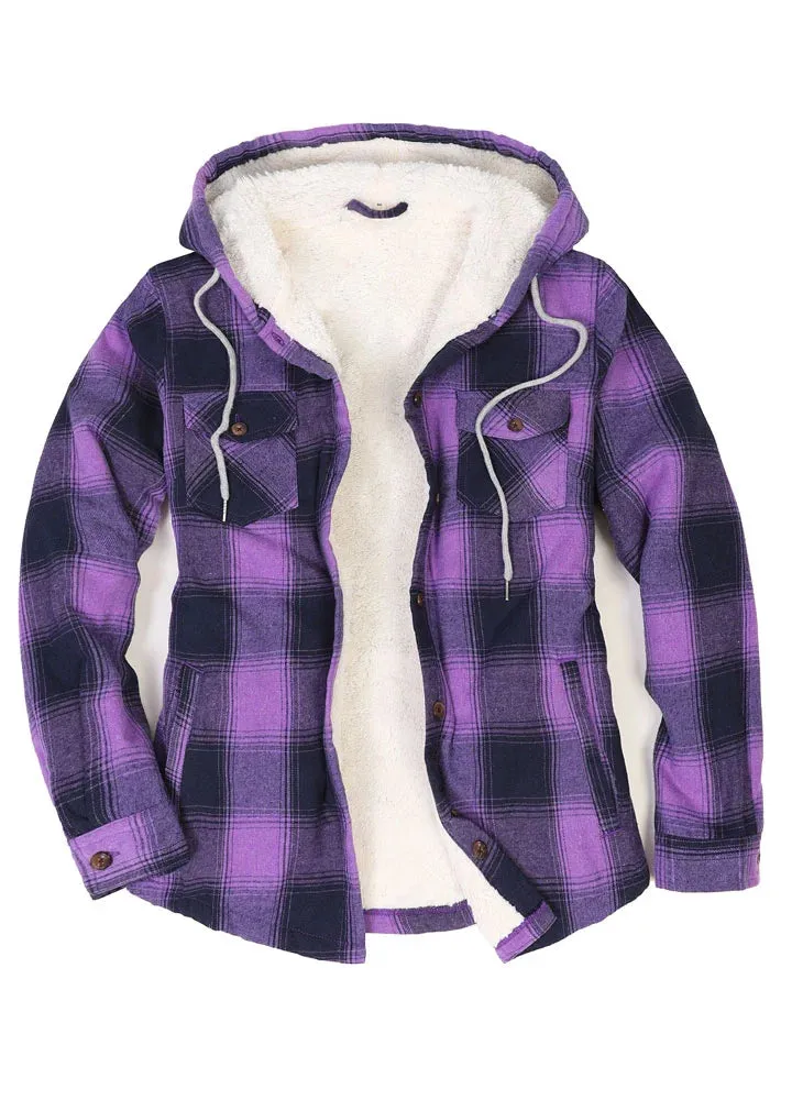 Women's Sherpa Lined Flannel Jacket with Hood, Button Up Plaid