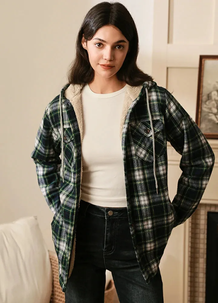 Women's Sherpa Lined Flannel Jacket with Hood, Button Up Plaid