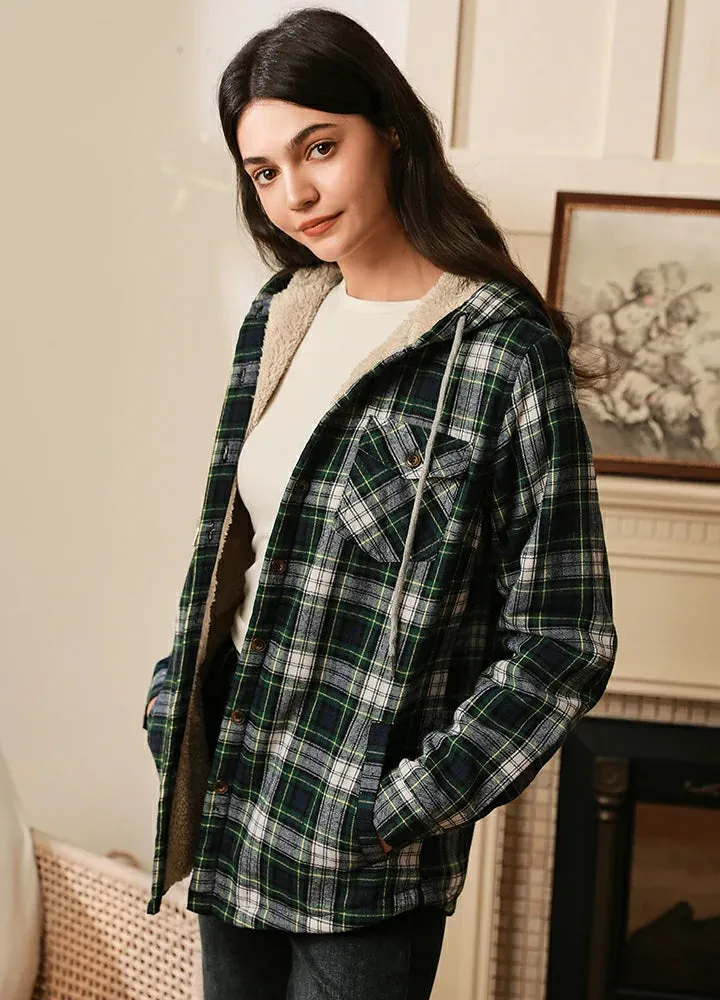 Women's Sherpa Lined Flannel Jacket with Hood, Button Up Plaid