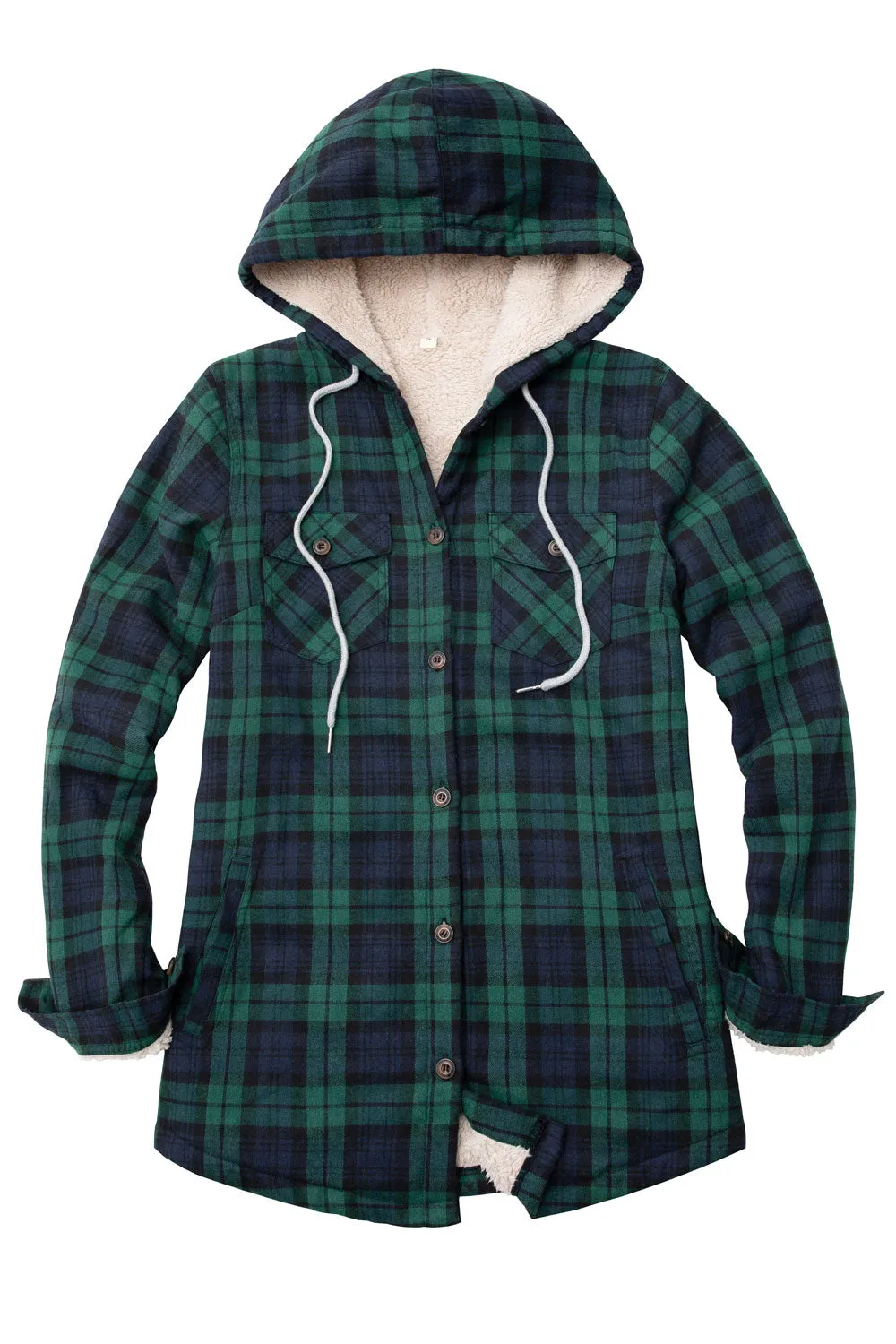 Women's Sherpa Lined Flannel Jacket with Hood, Button Up Plaid