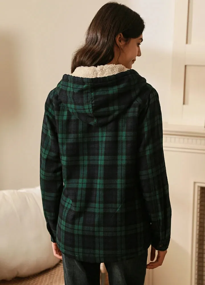 Women's Sherpa Lined Flannel Jacket with Hood, Button Up Plaid