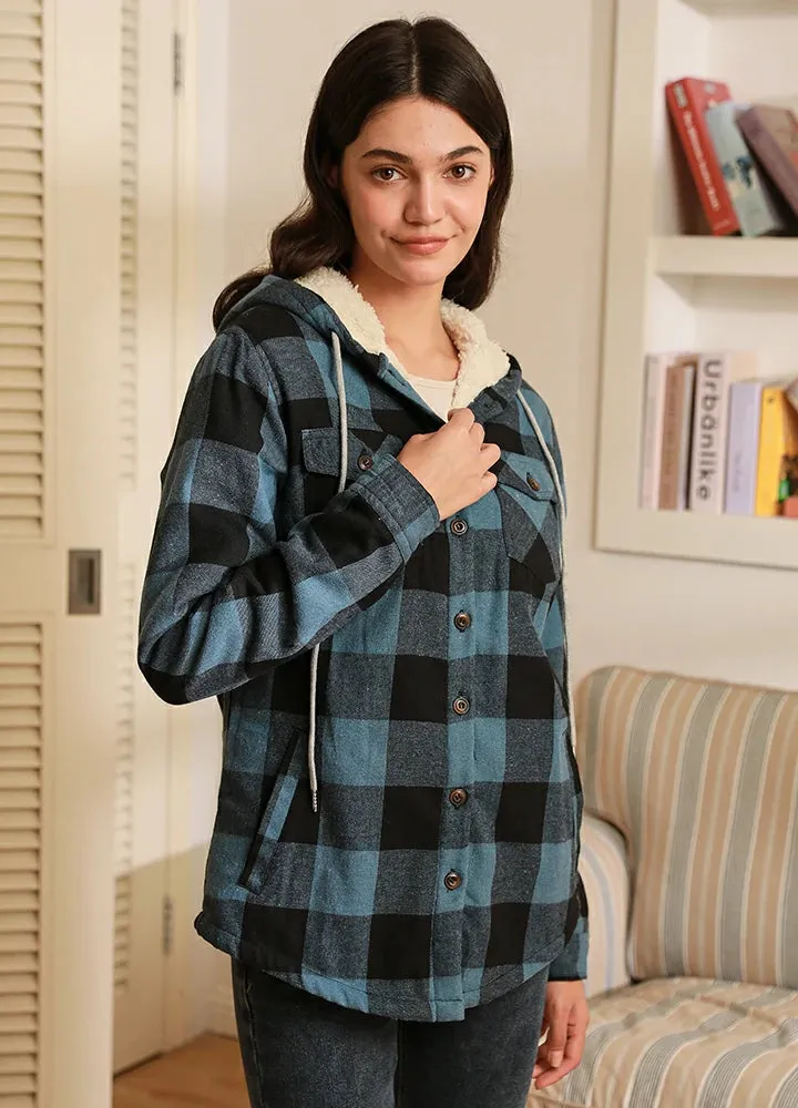 Women's Sherpa Lined Flannel Jacket with Hood, Button Up Plaid