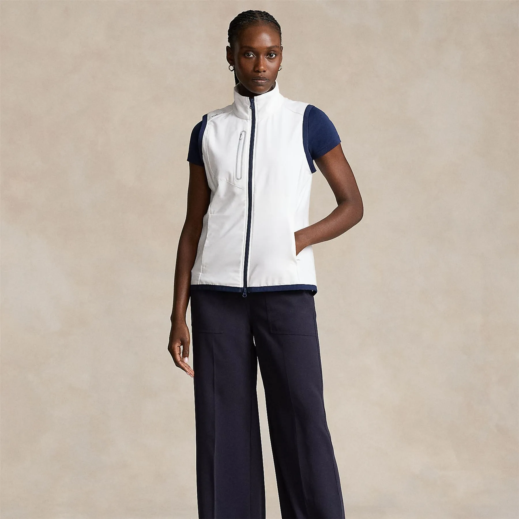 Womens Terry Sleeveless Full Zip Vest Ceramic White/ Refined Navy - SS24