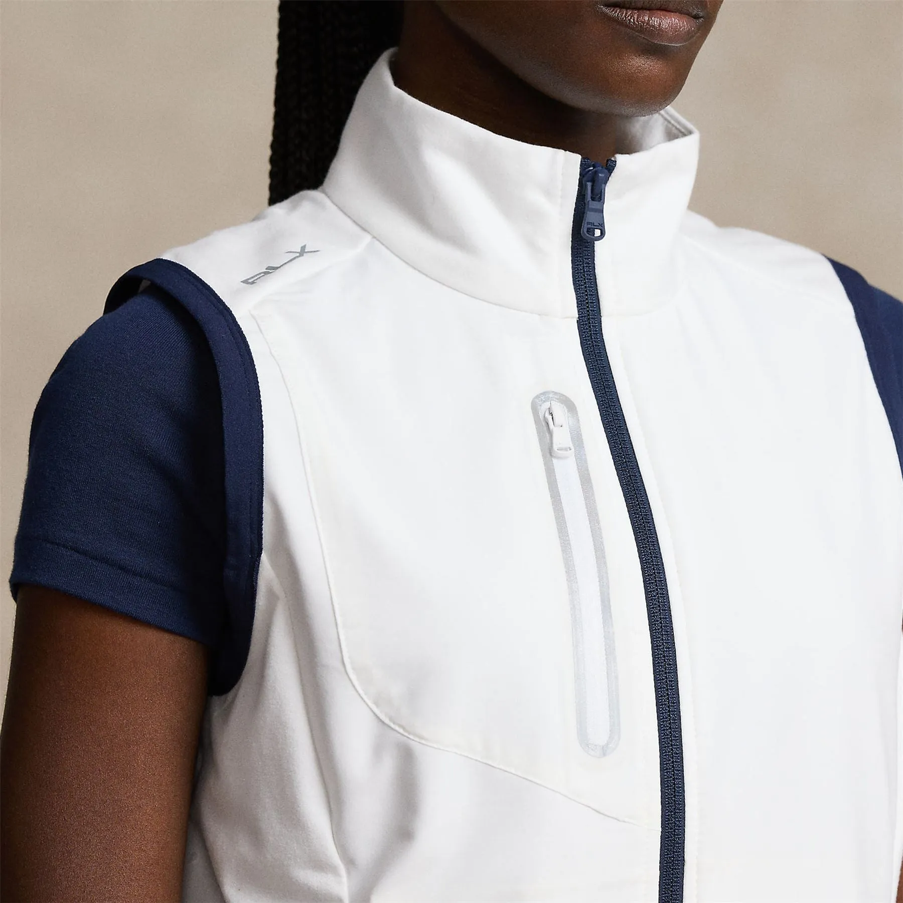 Womens Terry Sleeveless Full Zip Vest Ceramic White/ Refined Navy - SS24