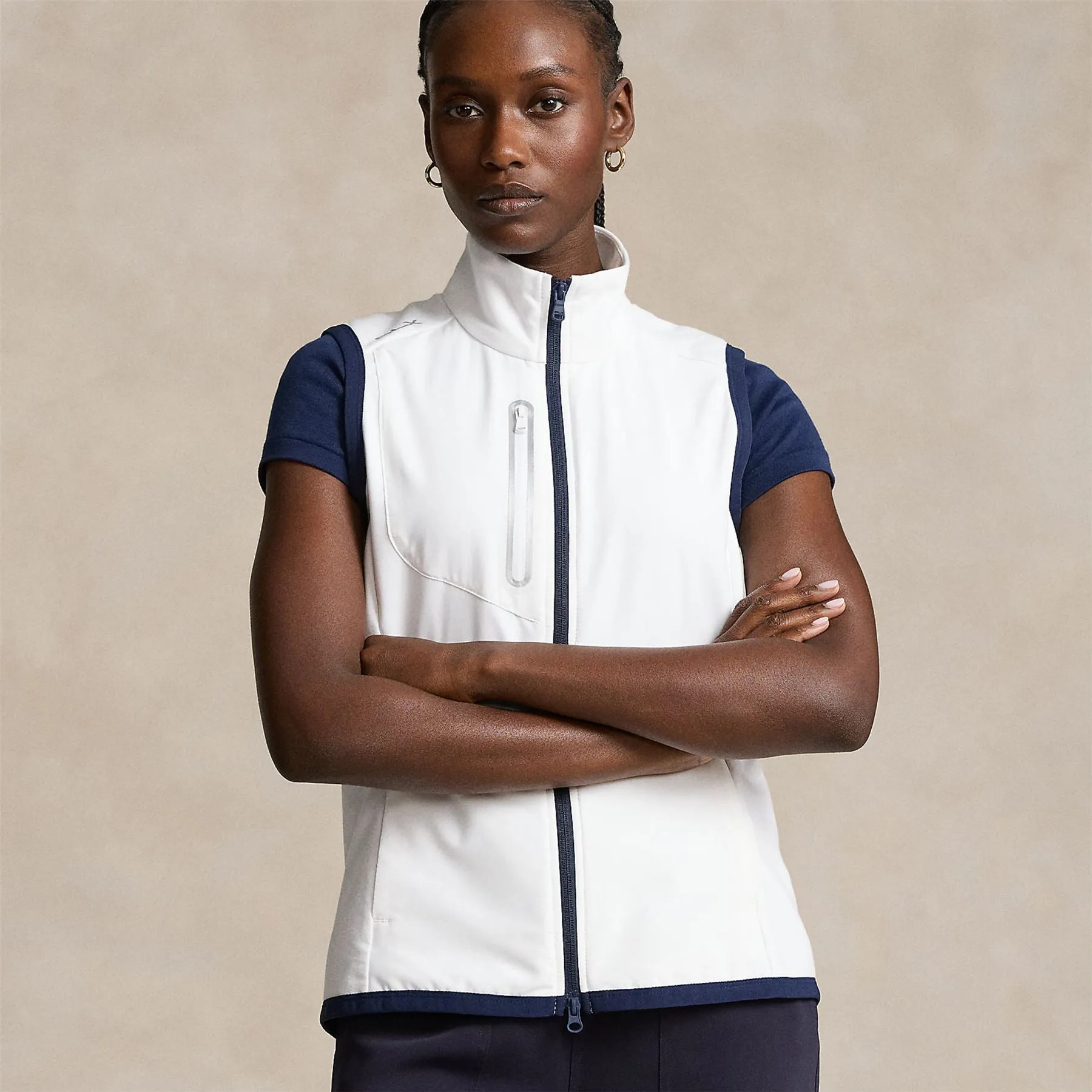 Womens Terry Sleeveless Full Zip Vest Ceramic White/ Refined Navy - SS24